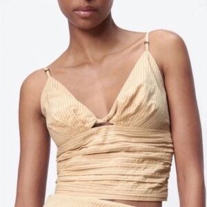 Zara Women’s Cropped Smocked Tank Top S Pinstripe Boho Summer Romantic Pleated